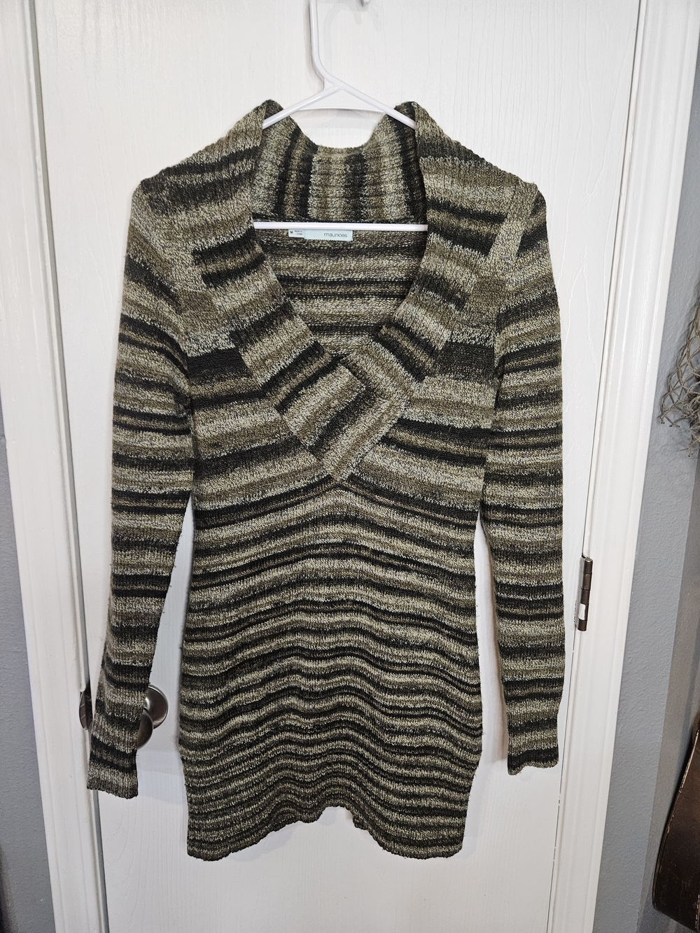 Maurices Olive and Brown Striped Shawl Collar Sweater Dress